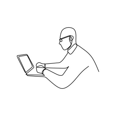 ciddi bir şey onun laptop ile çalışan bir erkeğin bir çizim vektör. Akıllı kişi yaratıcı tek lineart.