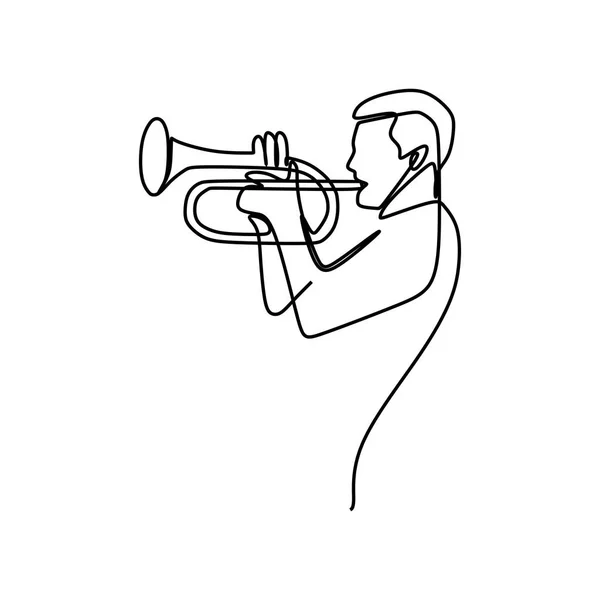 Dibujo Una Línea Del Perfil Músico Tocando Una Trompeta Aislada — Vector de stock
