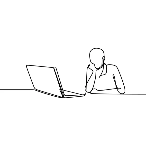 一个人在笔记本电脑前观看和工作的一条线绘制向量 — 图库矢量图片