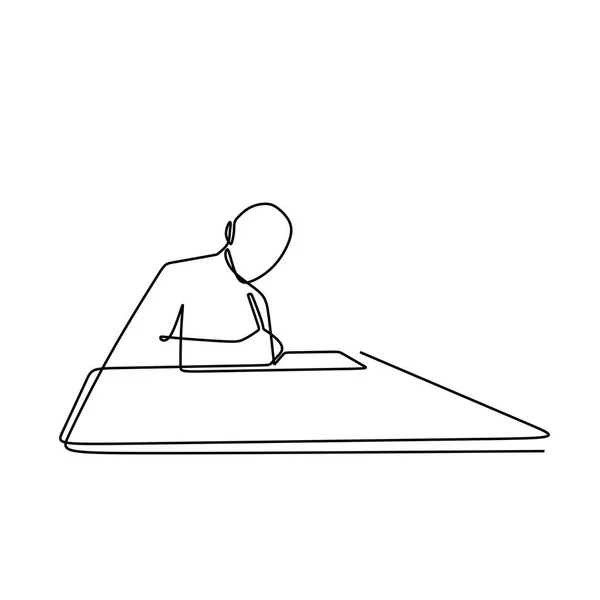 一个工人在桌子上的笔记本上写字的一行绘图向量 — 图库矢量图片
