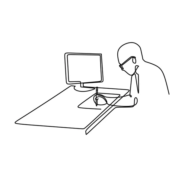 Одна Линия Рисует Вектор Человека Работающего Над Своим Ноутбуком Компьютером — стоковый вектор