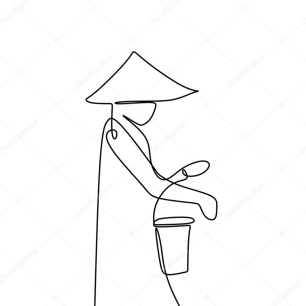 One line drawing of a farmer wearing hat and holding a bucket vector illustration