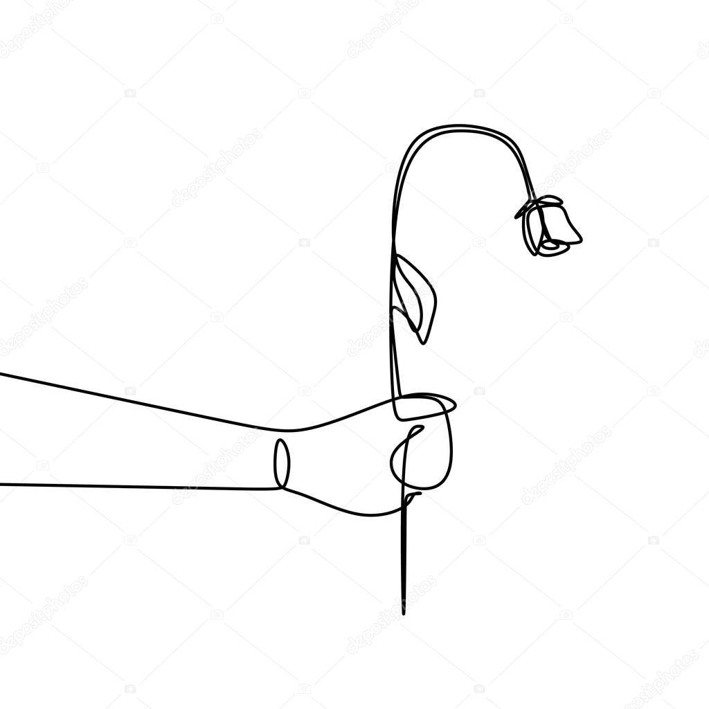 A hand with withered rose flower. Concept of fail in love. One line continuous line art drawing vector.