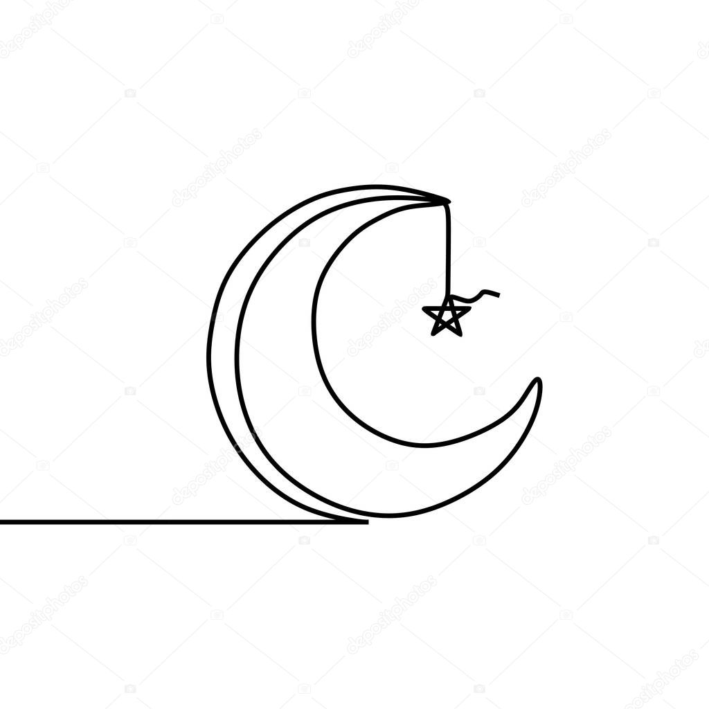 Stars and moon islamic design with continuous single line art drawing.