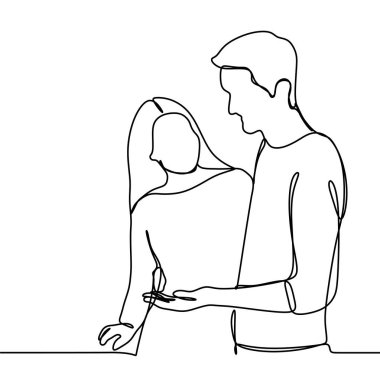 konuşma, adam ve kadın çift sürekli çizgi çizme almak beyaz arka plan üzerinde birbirlerine - vektör illüstrasyon izole müzakere