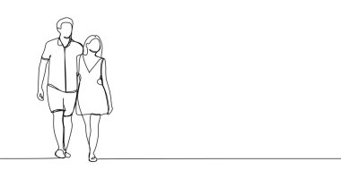 Romantik Çift vektör çizim. Bir beyaz arka plan üzerinde sürekli çizgi sanat resim izole.