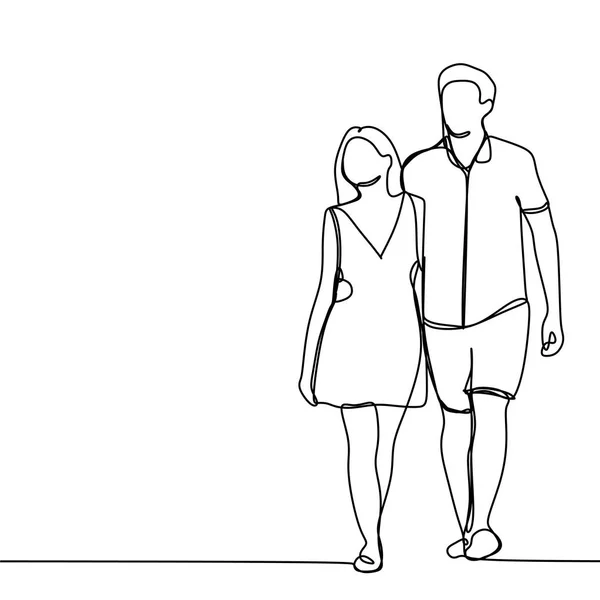夫妇步行的连续的线图画以休闲样式 在白色背景查出的向量例证 — 图库矢量图片