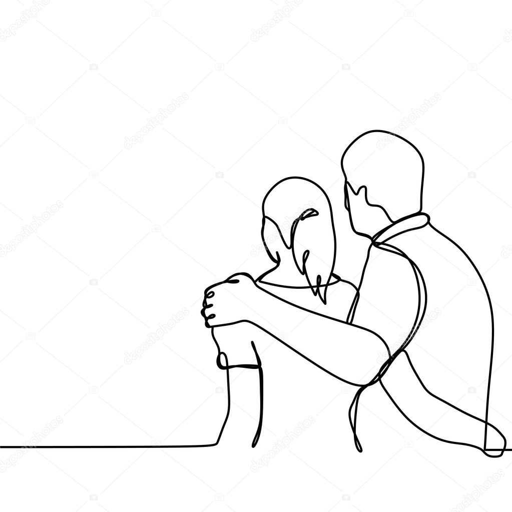 continuous line drawing of man and women look at backside hugging each other. romantic couple theme - Vector illustration isolated on white background