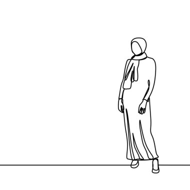 Beyaz arka plan vektör illüstrasyon izole vektör çizim minimalist tasarım çizim bir sürekli hat sanatı ile modern moda giyen trendy hijab kız.