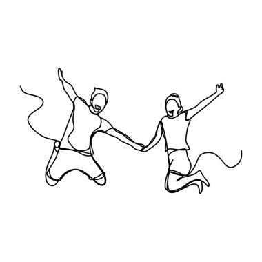 Vektör çizim atlama mutlu genç çiftin sürekli çizgi çizme