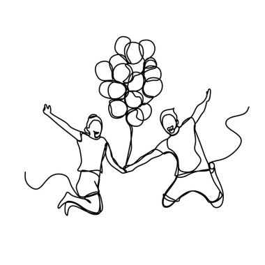 Holding balon atlama genç çiftin sürekli çizgi çizme. Romantik kavramı ile minimalist tasarımı. Sevgililer veya poster afiş vektör çizim için iyi.