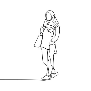 Beyaz arka plan vektör illüstrasyon izole vektör çizim minimalist tasarım çizim bir sürekli hat sanatı ile modern moda giyen trendy hijab kız.