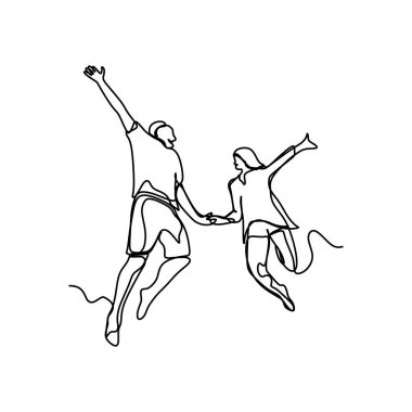 Mutlu Genç Çifte mutluluk anı vektör çizim ile atlama ve romantik genç sürekli çizgi çizme