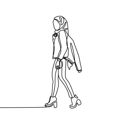 Sürekli çizgi çizme moda hijab kız. İslam kadın güzellik eşarp vektör çizim poz.