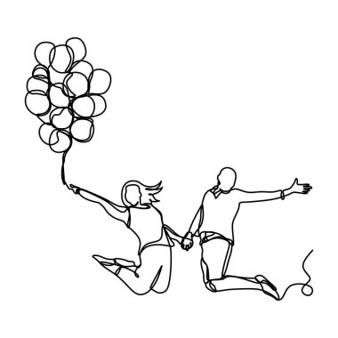 Beyaz arka plan vektör illüstrasyon izole balonlar ile mutlu çiftin sürekli çizgi çizme