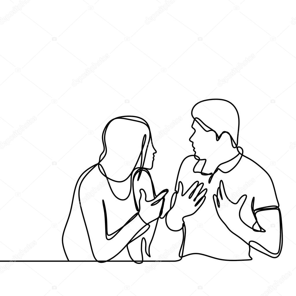 Continuous line drawing of couple in conflict. Man and women talking each other with angry gesture vector illustration isolated on white background.
