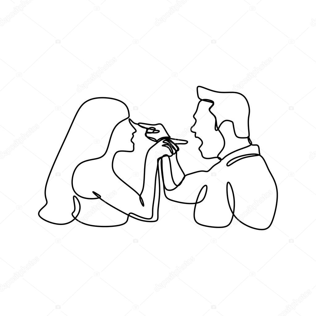 Continuous line drawing of couple in conflict. Man and women talking each other with angry gesture pointing his and her face vector illustration isolated on white background.