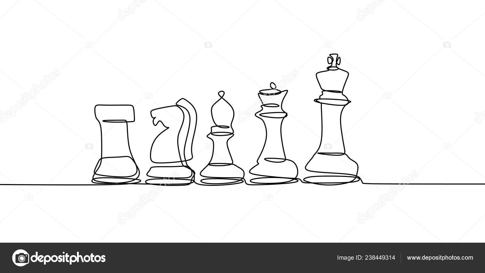 Continuous one line drawing of chess pieces. King queen chess board setup.  Group of players tactic concept. Vector illustration Stock Vector