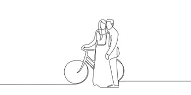 Bisiklet vektör çizim sürme aşık sevimli romantik çiftin sürekli çizgi çizme.