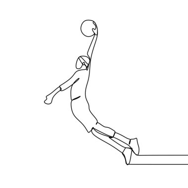 Basketbolcu maç maçı sırasında, o bir top smaç smaç. Sürekli tek çizgi çizim vektör illüstrasyon. Lineart spor tema tasarımı minimalist minimalizm tarzı.