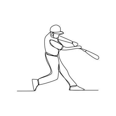 Continuous one line drawing of baseball player batter hit the ball. Baseball sport theme vector illustration.