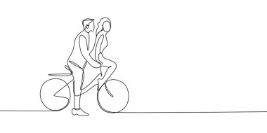 Continuous line drawing of cute romantic young couple in love riding bike vector illustration.