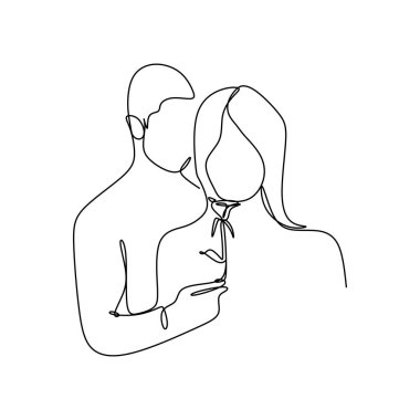 Couple romantic continuous line drawing vector. Concept of a man give a glower to his girl. Boyfriend and girlfriend surprised theme.