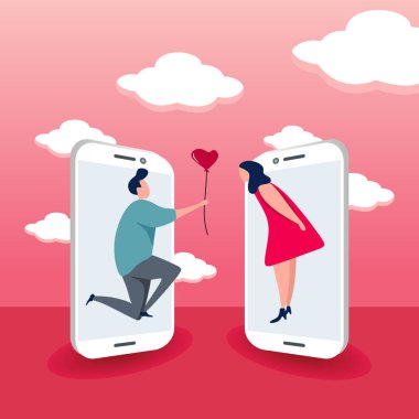 Online dating smartphone kavramı ile şirin çift illüstrasyon vektör