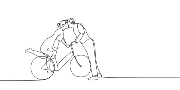 自転車のベクトル図に乗って恋かわいいロマンチックなカップルの連続線の描画 — ストックベクタ