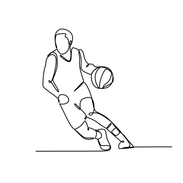 Один Одинокий Нарисованный Мальчик Играющий Баскетбол Нарисованный Вручную Силуэт Линейное — стоковый вектор