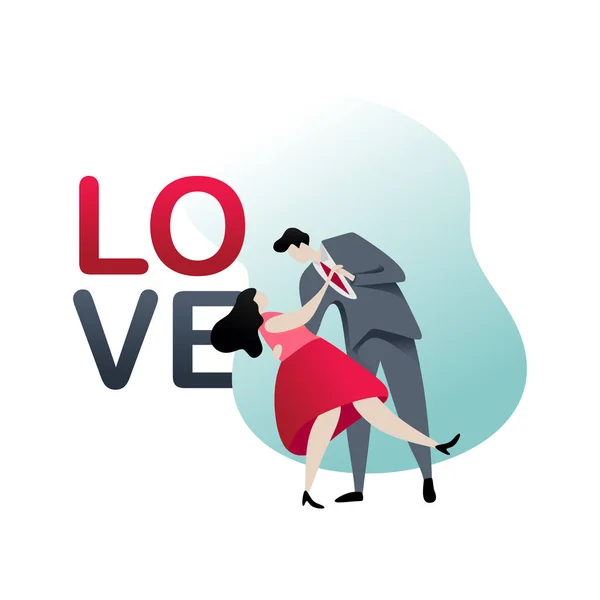 Pareja Romántica Con Vestido Esmoquin Vector Diseño Plano Amor Texto — Vector de stock