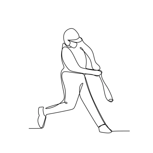 Baseball Player Hitter Swinging Bat One Line Drawing Vector Illustration — ストックベクタ