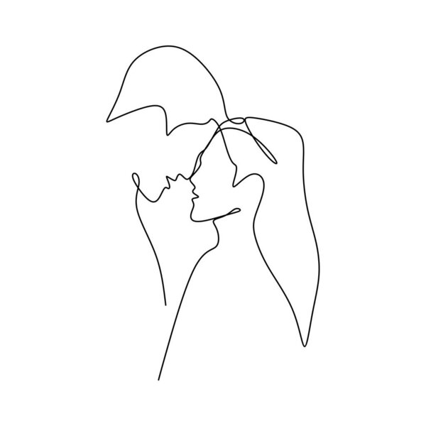 Couple want to kiss each other. Concept of a couple falling in love and shows their emotions. Good for Valentine banner with one continuous line art drawing vector illustration minimalism style.