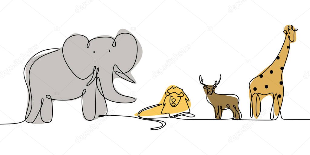 One line line drawing of animals vector illustration with elephant, lion, giraffe, and deer.