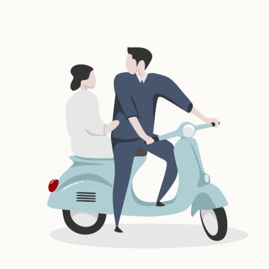 Sevgililer çift scooter vintage, düğün öncesi kavramı ile sevimli karakteri ile illüstrasyon vektör
