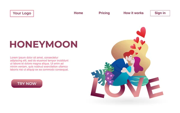 Modelo Página Destino Casal Com Lua Mel Namoro Aplicativos Ilustração —  Vetores de Stock