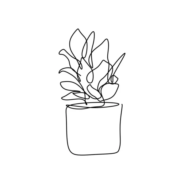 Planta Pote Una Línea Dibujo Vector Ilustración Trazo Continuo Diseño — Vector de stock