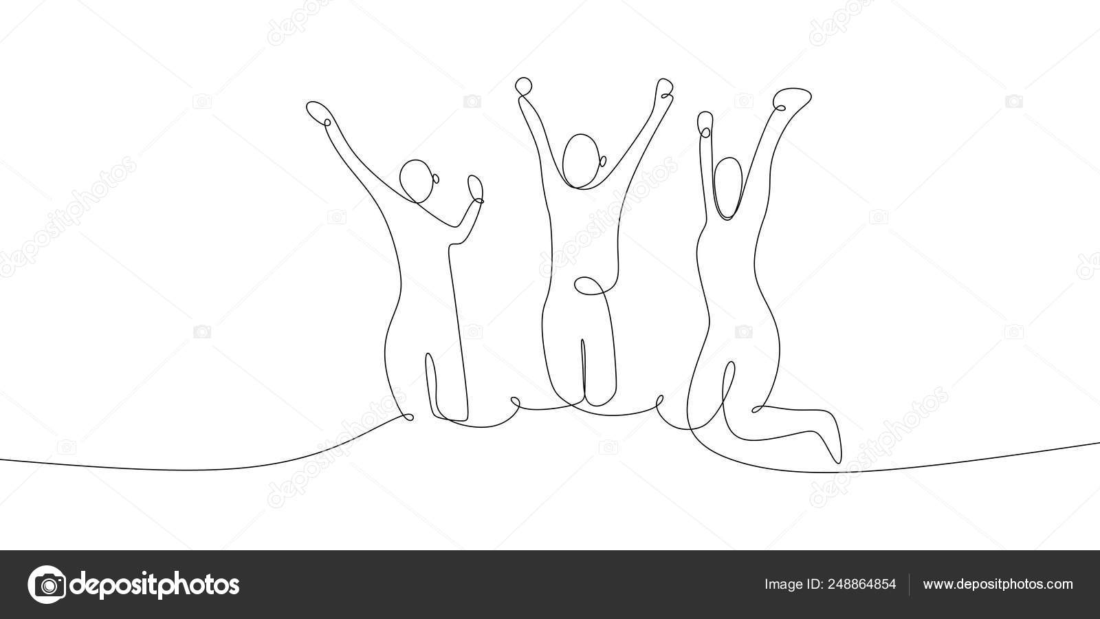 Happy Three Person Rising Hands Continuous Line Art Drawing Vector Stock Vector Image By C Ngupakarti