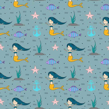 Sevimli deniz kızları renkli yaz tasarım teması ile Seamless çocukça modeli. Denizaltı vektör trendy doku. Mükemmel kumaş, tekstil, ambalaj için
