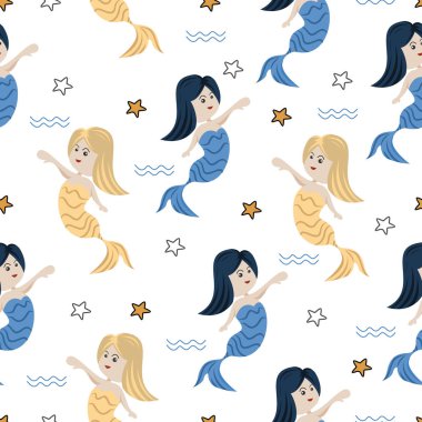 Sevimli deniz kızı Dikişsiz desen vektör çizim çocukça çizim stili bebek ve çocuk moda Tekstil için yazdırma hazır