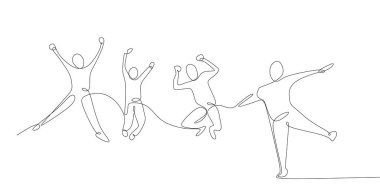 sürekli bir çizim için dört mutlu takım üyeleri kutlama vektör çizim atlama