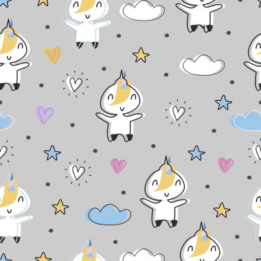 Tek boynuzlu at çocukça çizim Dikişsiz desen vektör çizim ile tekstil için hazır şirin bebek moda arka plan yazdırma.