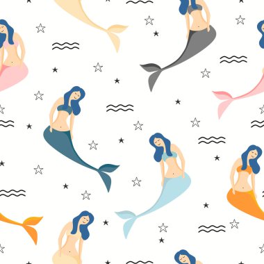 Sevimli deniz kızı çocukça çizim renkli karikatür Dikişsiz desen arka plan çocuklar ve bebek moda Tekstil için hazır için yazdırma