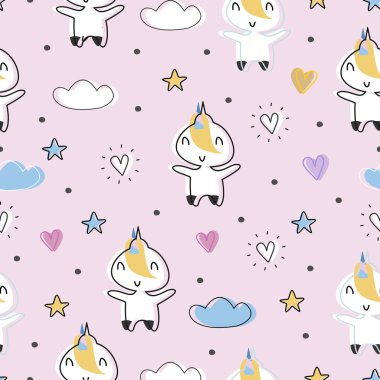 Komik tek boynuzlu at seamless modeli bebek ve çocuk moda Tekstil baskı vektör çizim için çizim çocukça.