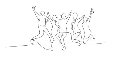 sürekli bir çizim için dört mutlu takım üyeleri kutlama vektör çizim atlama