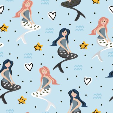 Sevimli deniz kızı fantezi renkli arka plan çocuklar ve çocuk için çizim ile seamless modeli. Bebek moda Tekstil baskı temelli.