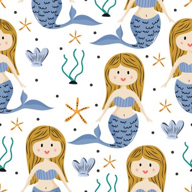 Deniz kızı şirin çizim Dikişsiz desen vektör çizim çocuklar ve bebek moda için hazır yazdırma
