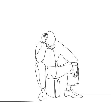 İşsiz adam üzgün ve depresyonda hissediyor. Sürekli çizgi sanat vektör çizim resim