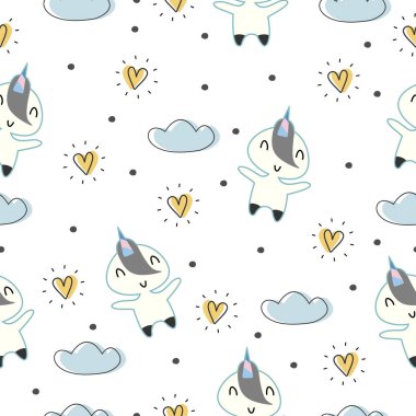 Tek boynuzlu at çocukça çizim Dikişsiz desen vektör çizim ile tekstil için hazır şirin bebek moda arka plan yazdırma.