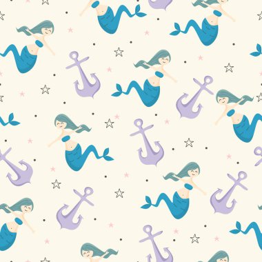 Sevimli deniz kızları renkli yaz tasarım teması ile Seamless çocukça modeli. Denizaltı vektör trendy doku. Mükemmel kumaş, tekstil, ambalaj için